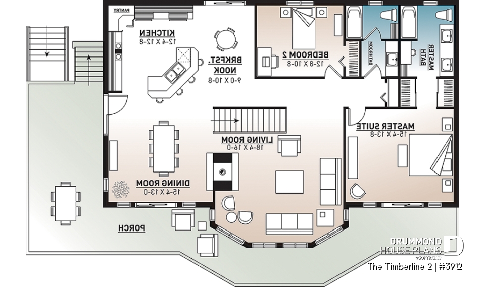 1st level - Stunning 4 beds 3 baths lake / mountain house plan, 2 fireplaces, open concept, 2-car garage, x-large deck - The Timberline 2