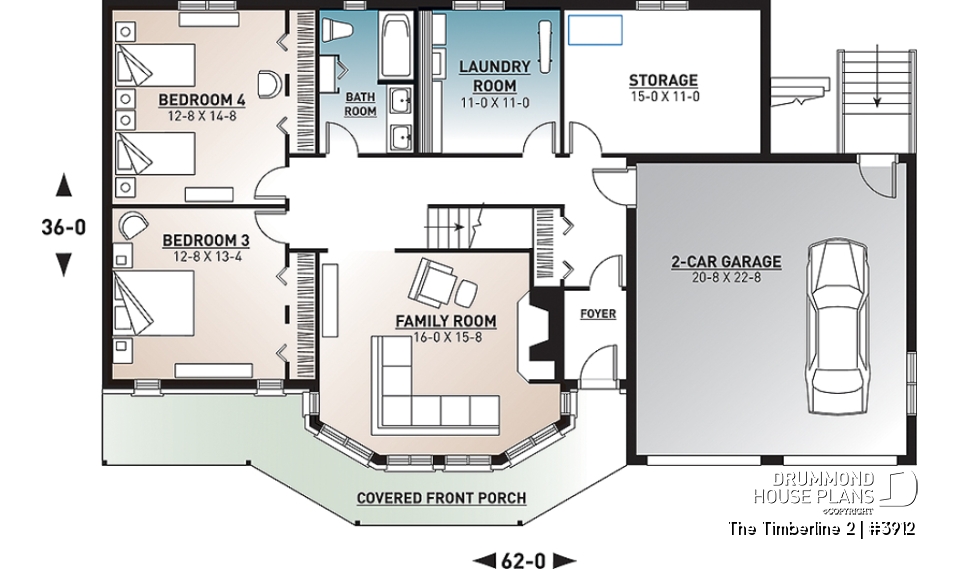 Basement - Stunning 4 beds 3 baths lake / mountain house plan, 2 fireplaces, open concept, 2-car garage, x-large deck - The Timberline 2