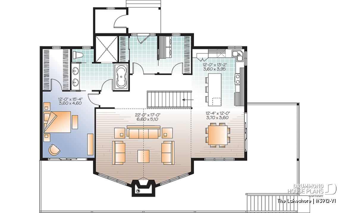 1st level - Lake chalet house plan with walkout, 5 bedrooms, 9-ft ceilings, cathedral living room and covered terrace - The Lakeshore
