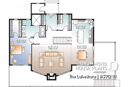 1st level - Lakefront cottage house plan, 5 bedrooms, walkout basement, main floor master, open concept, 2 living rooms - The Lakeshore