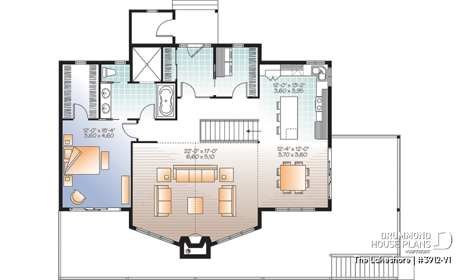 1st level - Lake chalet house plan with walkout, 5 bedrooms, 9-ft ceilings, cathedral living room and covered terrace - The Lakeshore