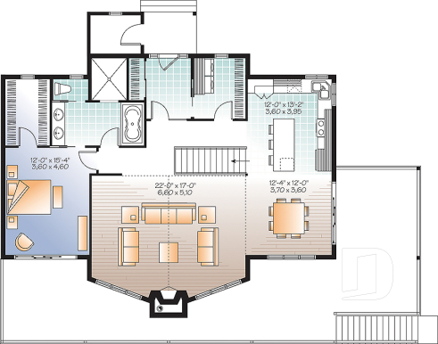1st level - Lake chalet house plan with walkout, 5 bedrooms, 9-ft ceilings, cathedral living room and covered terrace - The Lakeshore