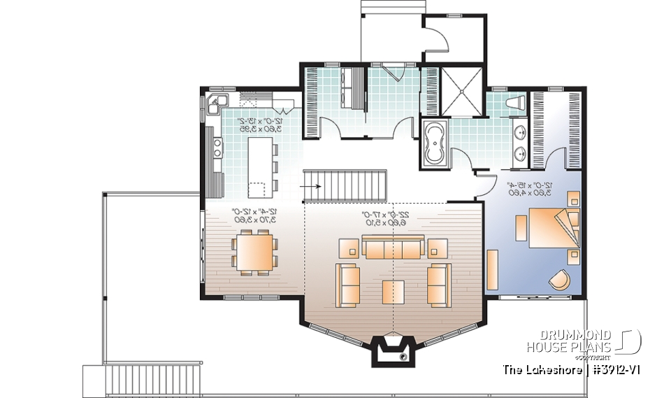 1st level - Lake chalet house plan with walkout, 5 bedrooms, 9-ft ceilings, cathedral living room and covered terrace - The Lakeshore