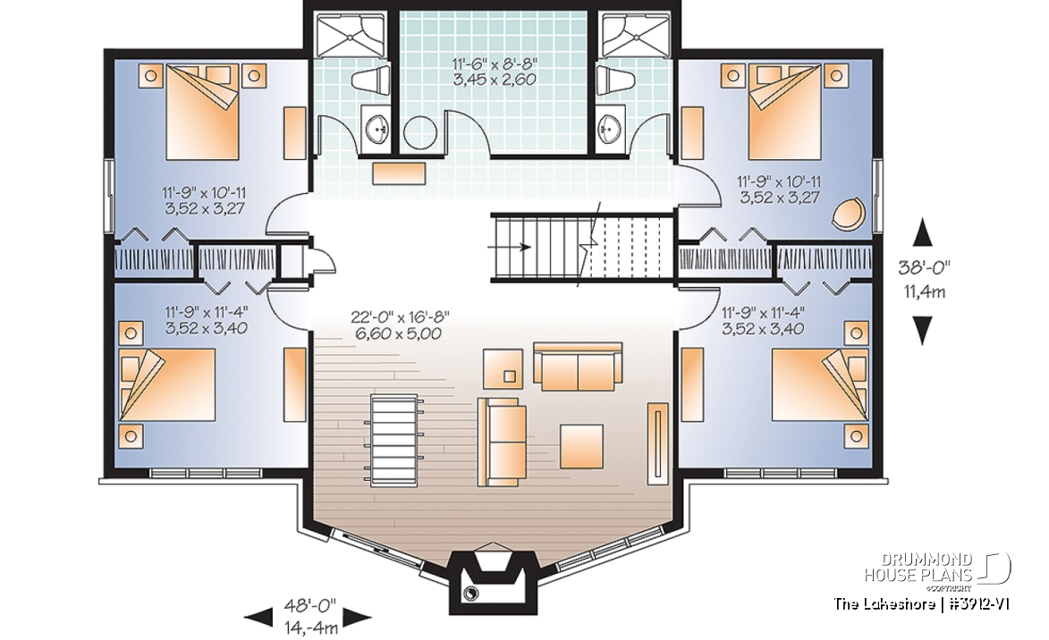 Basement - Lake chalet house plan with walkout, 5 bedrooms, 9-ft ceilings, cathedral living room and covered terrace - The Lakeshore