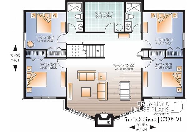 Basement - Lakefront cottage house plan, 5 bedrooms, walkout basement, main floor master, open concept, 2 living rooms - The Lakeshore