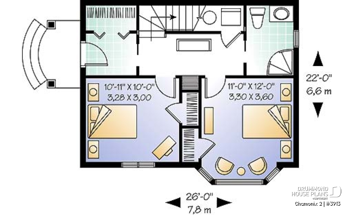1st level - Compact 2 bedroom cottage home design with reverse floor plans, large second floor fireplace - Chamonix 2