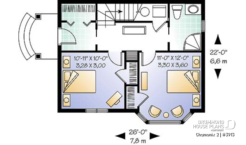 1st level - Compact 2 bedroom cottage home design with reverse floor plans, large second floor fireplace - Chamonix 2
