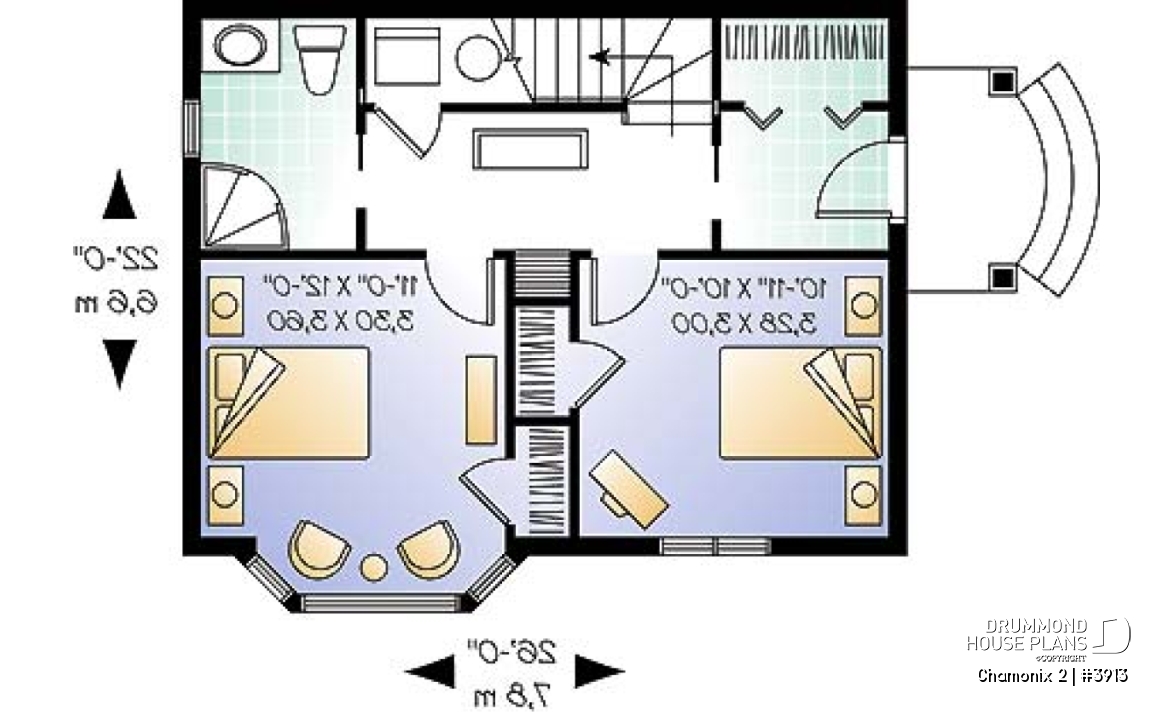 1st level - Compact 2 bedroom cottage home design with reverse floor plans, large second floor fireplace - Chamonix 2
