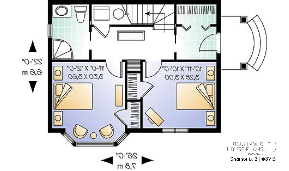 1st level - Compact 2 bedroom cottage home design with reverse floor plans, large second floor fireplace - Chamonix 2