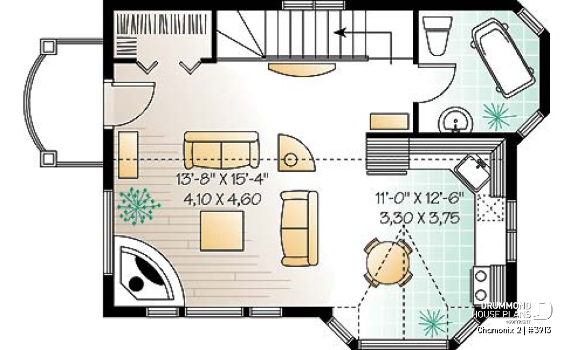 2nd level - Compact 2 bedroom cottage home design with reverse floor plans, large second floor fireplace - Chamonix 2