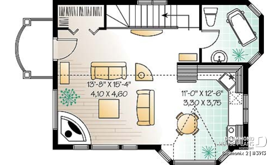 2nd level - Compact 2 bedroom cottage home design with reverse floor plans, large second floor fireplace - Chamonix 2