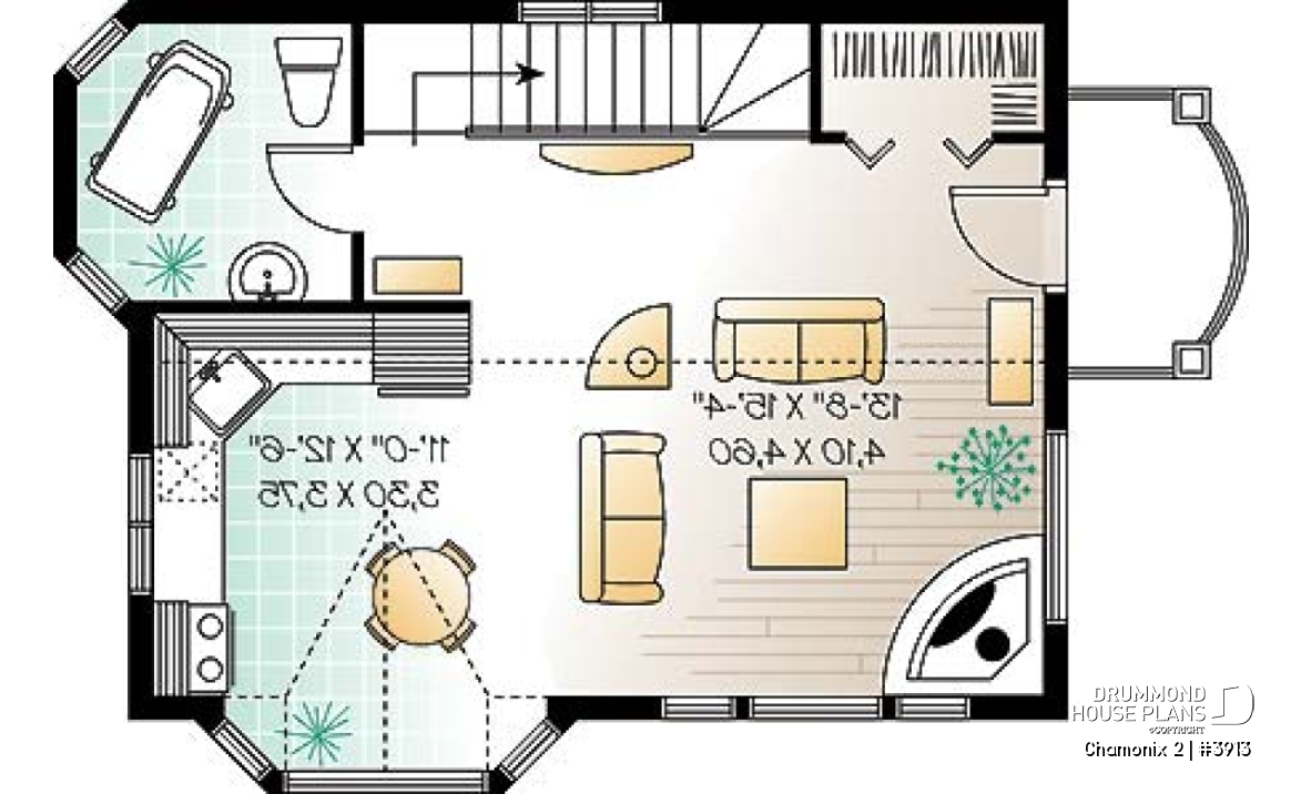 2nd level - Compact 2 bedroom cottage home design with reverse floor plans, large second floor fireplace - Chamonix 2
