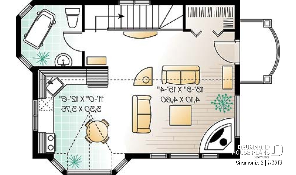 2nd level - Compact 2 bedroom cottage home design with reverse floor plans, large second floor fireplace - Chamonix 2