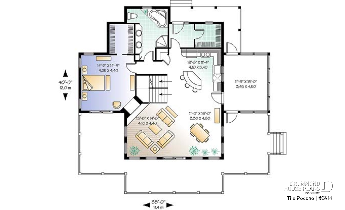 1st level - Panoramic cottage plan with x-large terrace, screened porch, fireplace in master bed, great open floor plan - The Pocono