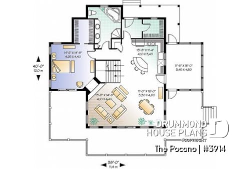 1st level - Panoramic cottage plan with x-large terrace, screened porch, fireplace in master bed, great open floor plan - The Pocono