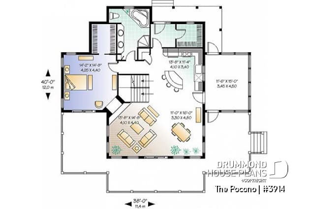 1st level - Panoramic cottage plan with x-large terrace, screened porch, fireplace in master bed, great open floor plan - The Pocono
