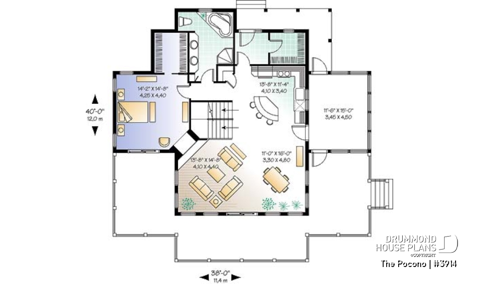 1st level - Panoramic cottage plan with x-large terrace, screened porch, fireplace in master bed, great open floor plan - The Pocono