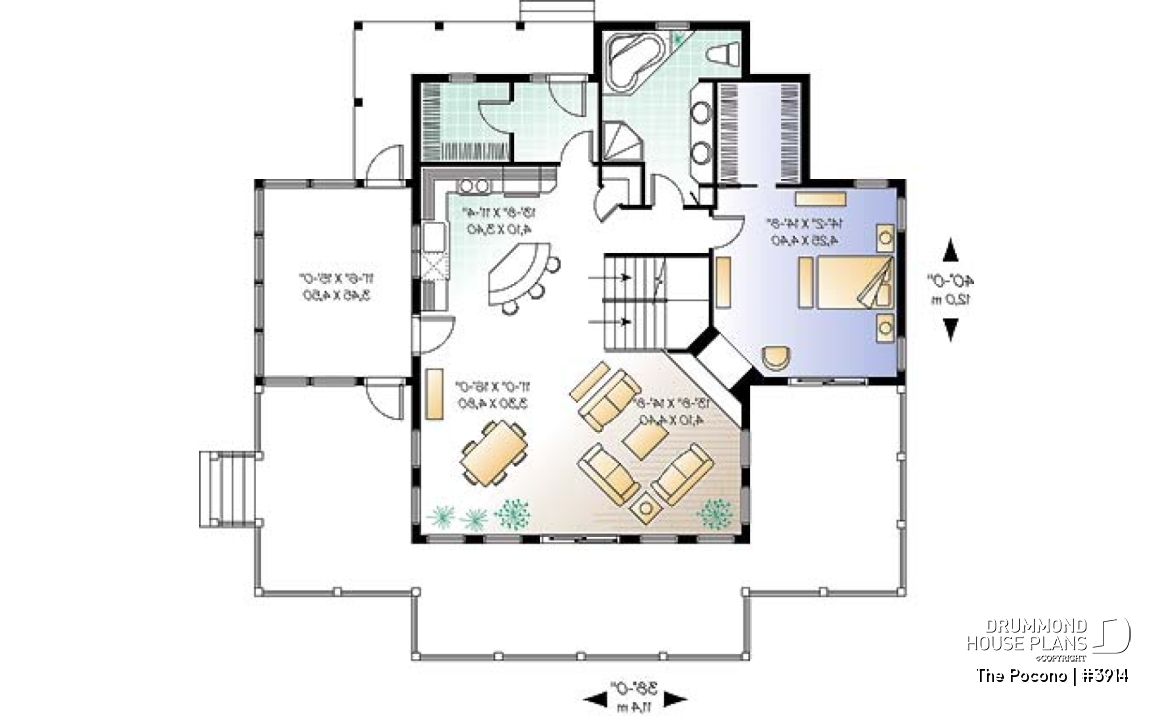 1st level - Panoramic cottage plan with x-large terrace, screened porch, fireplace in master bed, great open floor plan - The Pocono