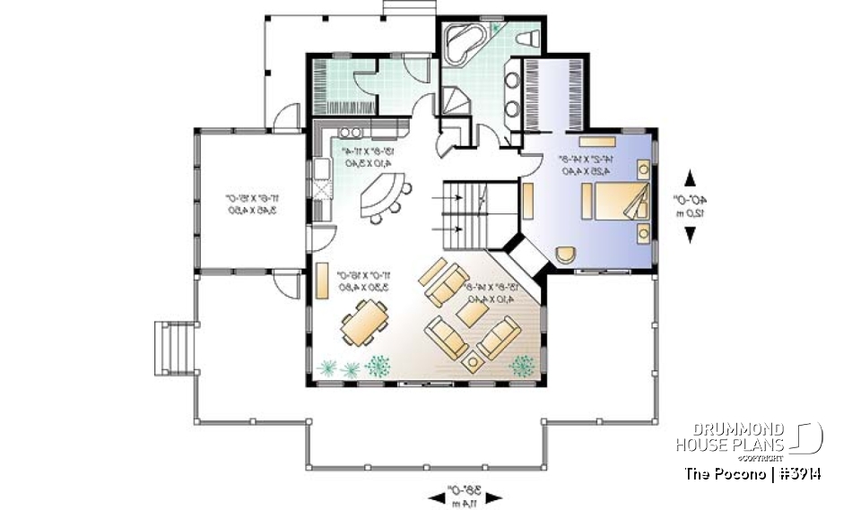 1st level - Panoramic cottage plan with x-large terrace, screened porch, fireplace in master bed, great open floor plan - The Pocono