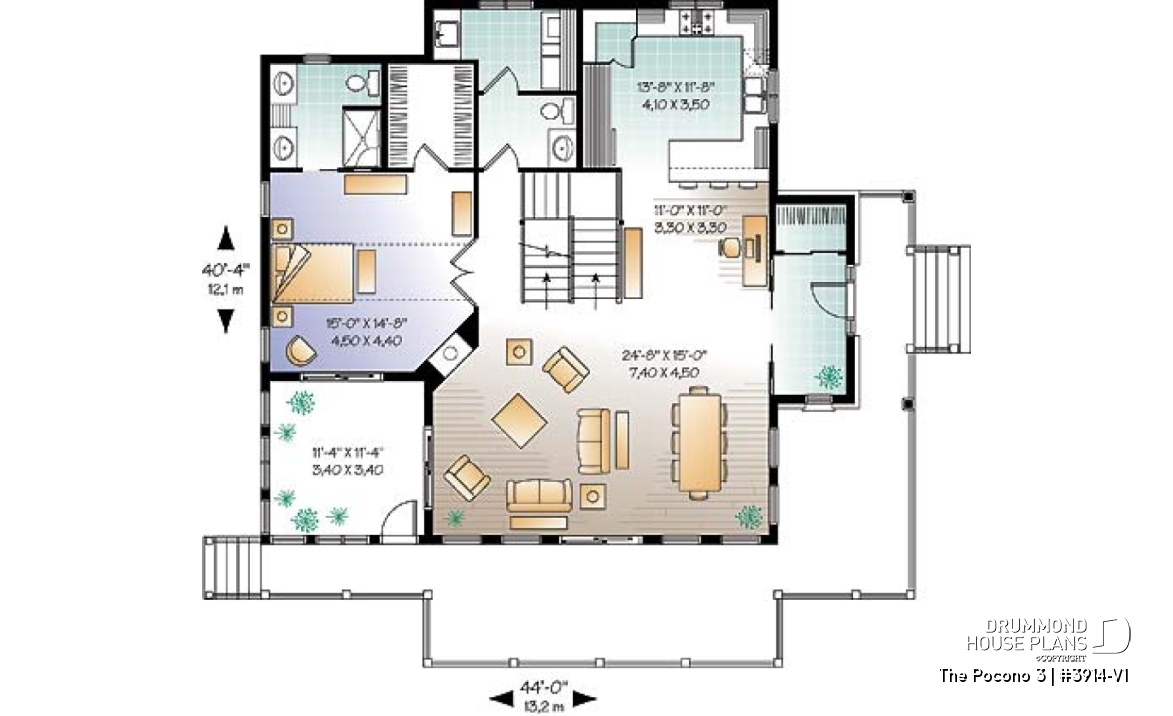 1st level - Mountain Country cottage house plan, large master suite, fireplace, solarium, under building garage - The Pocono 3