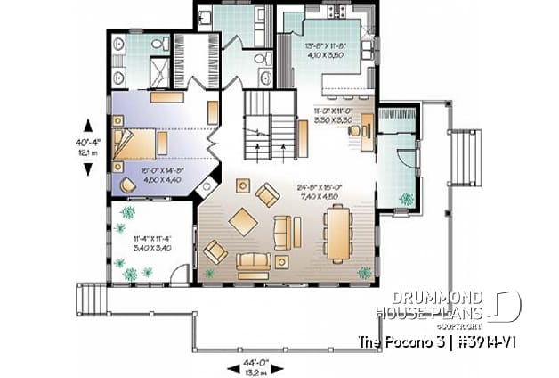 1st level - Mountain Country cottage house plan, large master suite, fireplace, solarium, under building garage - The Pocono 3