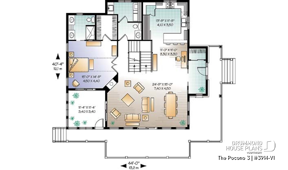1st level - Mountain Country cottage house plan, large master suite, fireplace, solarium, under building garage - The Pocono 3