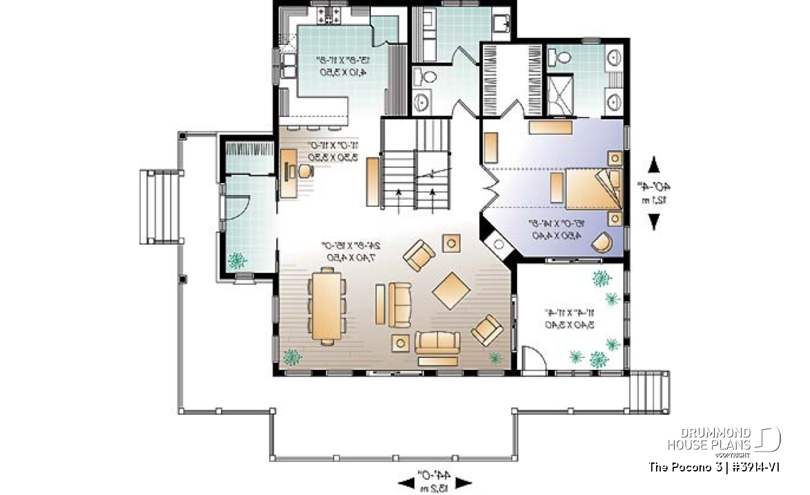 1st level - Mountain Country cottage house plan, large master suite, fireplace, solarium, under building garage - The Pocono 3