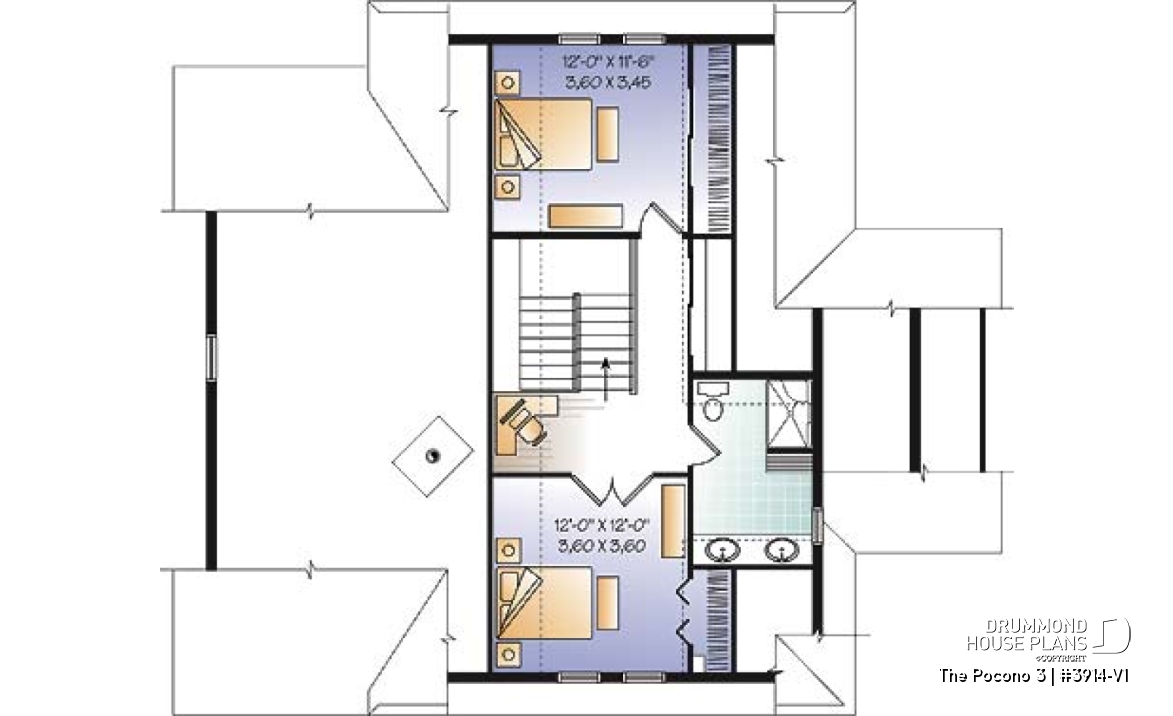 2nd level - Mountain Country cottage house plan, large master suite, fireplace, solarium, under building garage - The Pocono 3