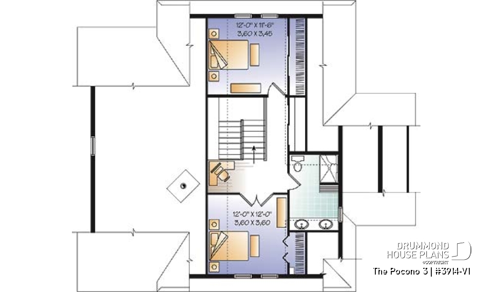 2nd level - Mountain Country cottage house plan, large master suite, fireplace, solarium, under building garage - The Pocono 3