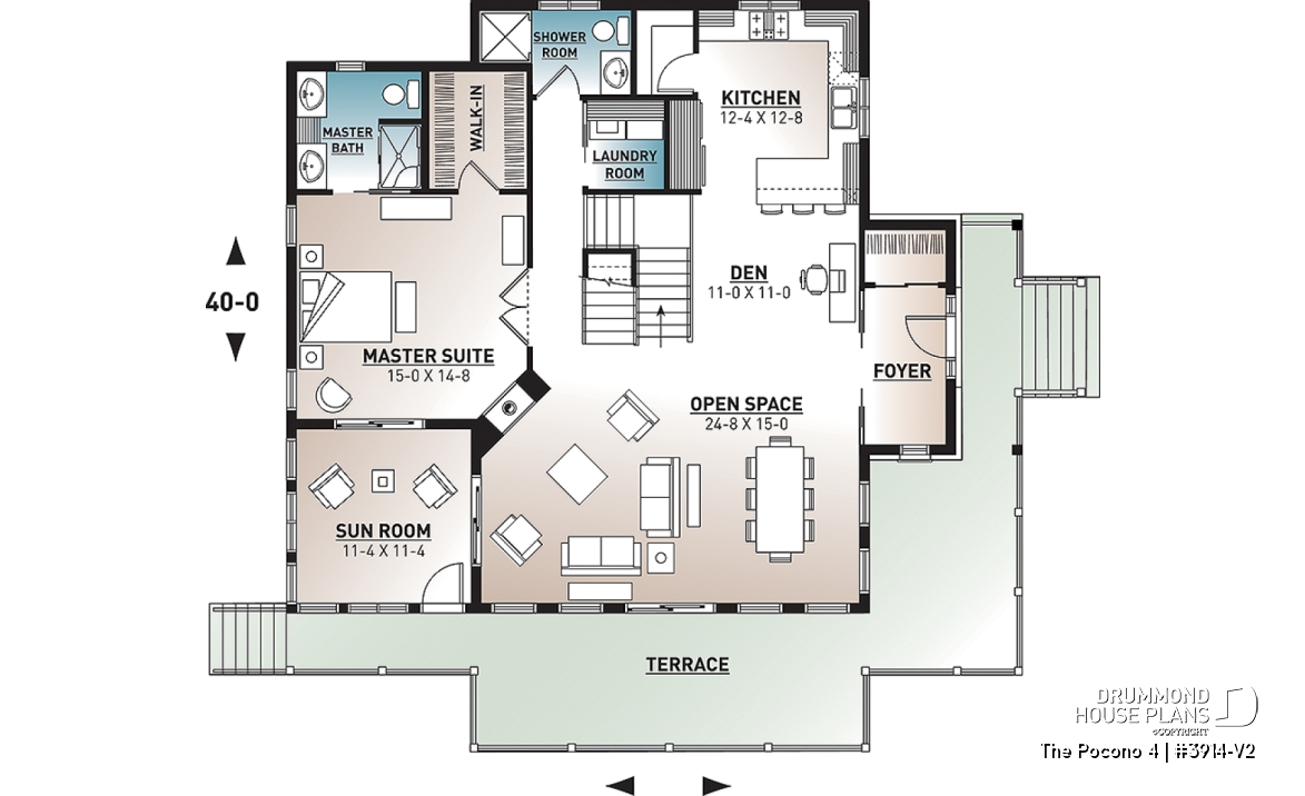 1st level - 4 bedroom Lakefront Cottage-Style house plan with solarium, 2-car garage, double sided fireplace - The Pocono 4
