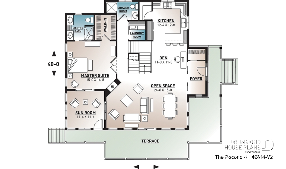 1st level - 4 bedroom Lakefront Cottage-Style house plan with solarium, 2-car garage, double sided fireplace - The Pocono 4
