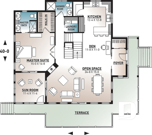 1st level - 4 bedroom Lakefront Cottage-Style house plan with solarium, 2-car garage, double sided fireplace - The Pocono 4