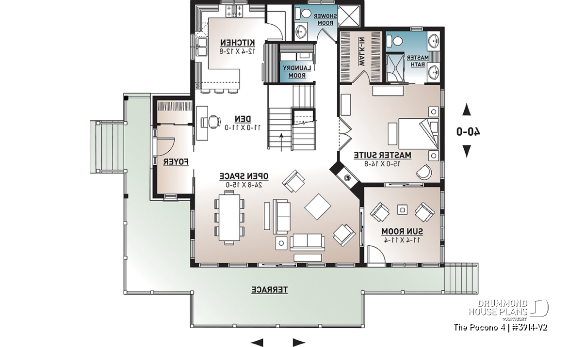 1st level - 4 bedroom Lakefront Cottage-Style house plan with solarium, 2-car garage, double sided fireplace - The Pocono 4