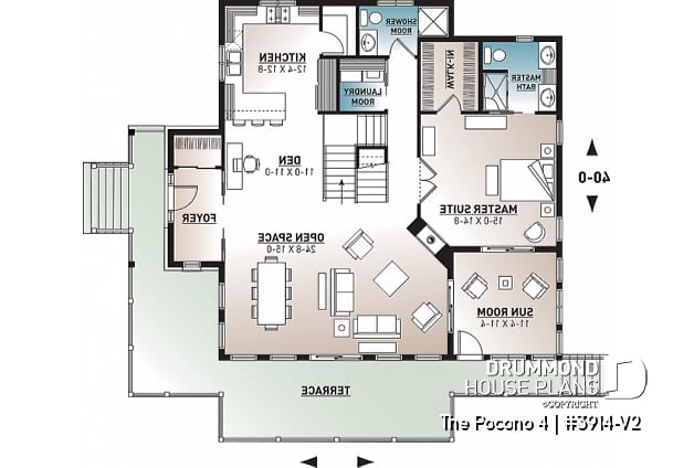 1st level - 4 bedroom Lakefront Cottage-Style house plan with solarium, 2-car garage, double sided fireplace - The Pocono 4