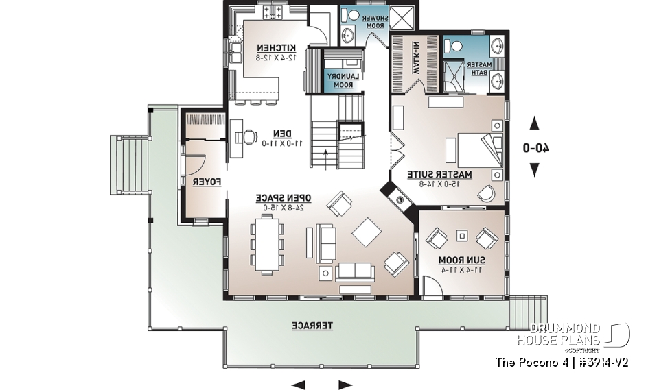 1st level - 4 bedroom Lakefront Cottage-Style house plan with solarium, 2-car garage, double sided fireplace - The Pocono 4