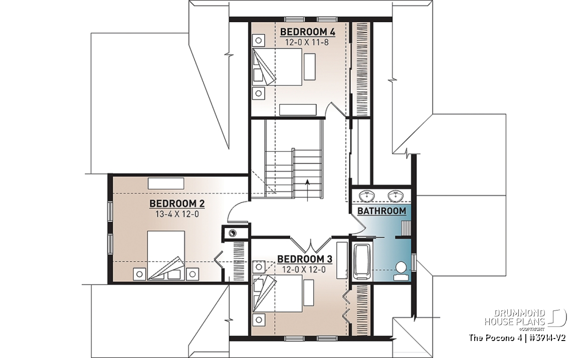 2nd level - 4 bedroom Lakefront Cottage-Style house plan with solarium, 2-car garage, double sided fireplace - The Pocono 4