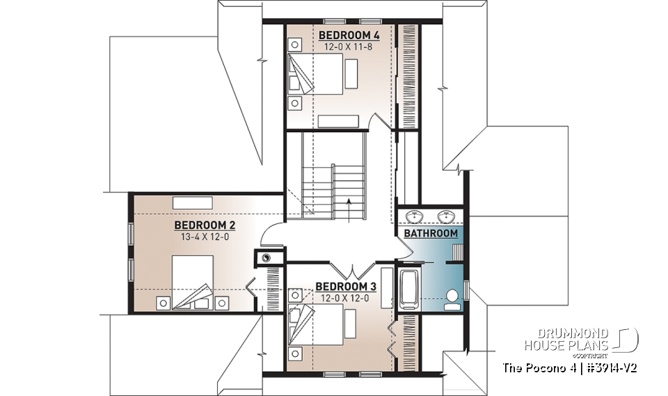 2nd level - 4 bedroom Lakefront Cottage-Style house plan with solarium, 2-car garage, double sided fireplace - The Pocono 4