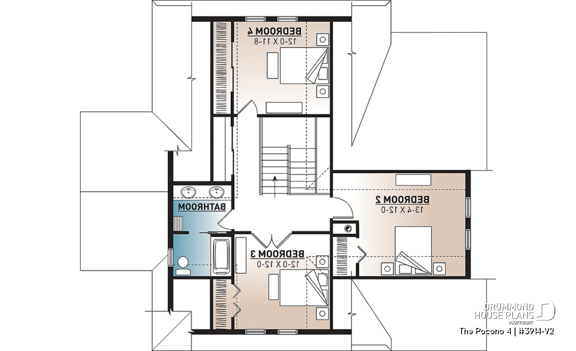 2nd level - 4 bedroom Lakefront Cottage-Style house plan with solarium, 2-car garage, double sided fireplace - The Pocono 4