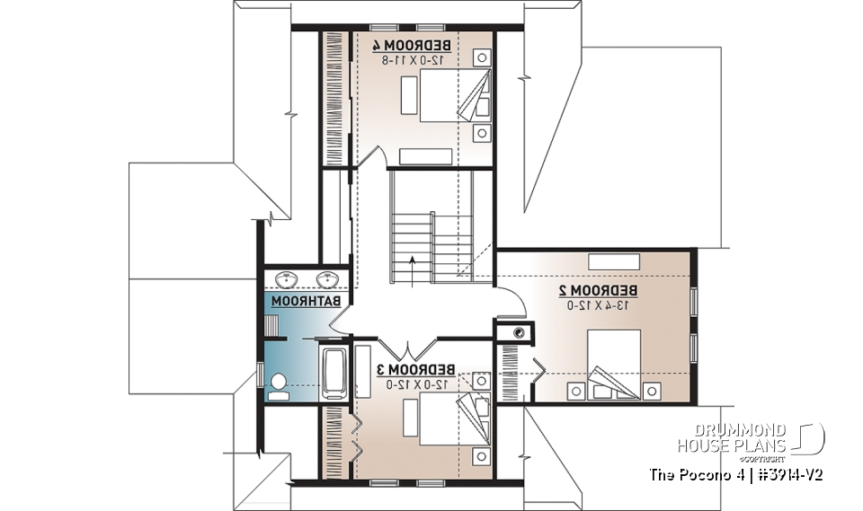 2nd level - 4 bedroom Lakefront Cottage-Style house plan with solarium, 2-car garage, double sided fireplace - The Pocono 4