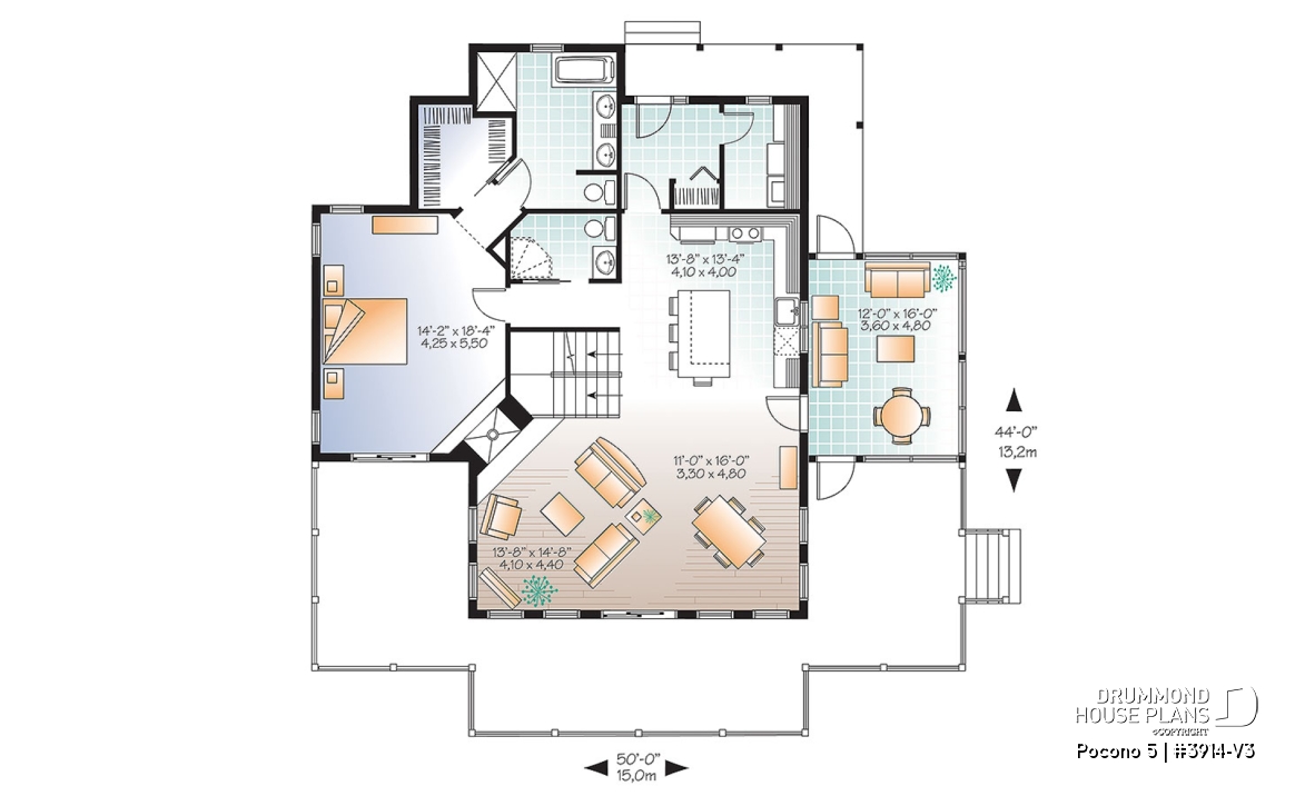 1st level - A-Frame Rustic Country Cottage plan, 4 bedrooms, 3 bathrooms, screened-in porch, unfinished walkout basement - Pocono 5