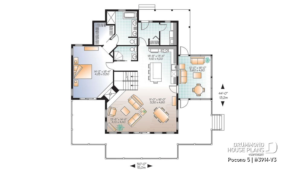 1st level - A-Frame Rustic Country Cottage plan, 4 bedrooms, 3 bathrooms, screened-in porch, unfinished walkout basement - Pocono 5