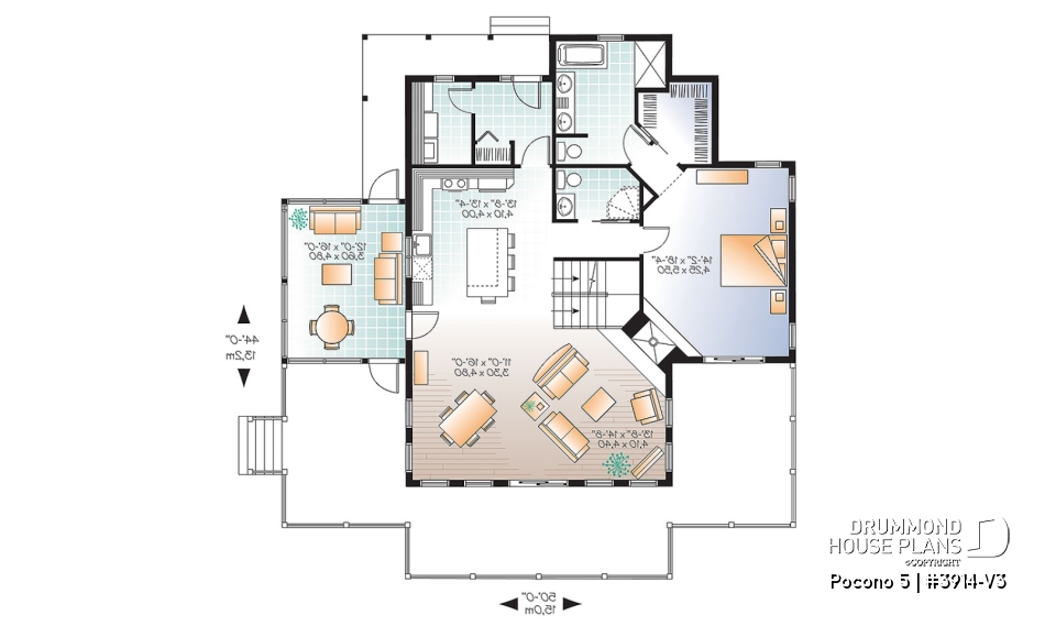 1st level - A-Frame Rustic Country Cottage plan, 4 bedrooms, 3 bathrooms, screened-in porch, unfinished walkout basement - Pocono 5