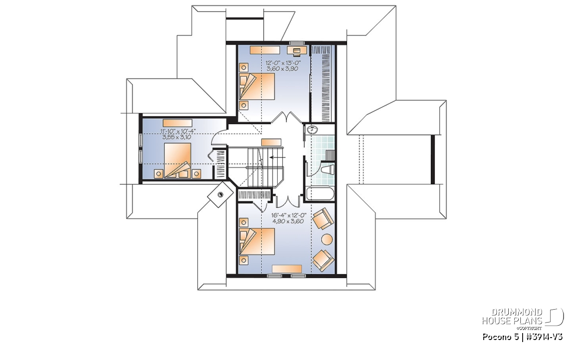 2nd level - A-Frame Rustic Country Cottage plan, 4 bedrooms, 3 bathrooms, screened-in porch, unfinished walkout basement - Pocono 5