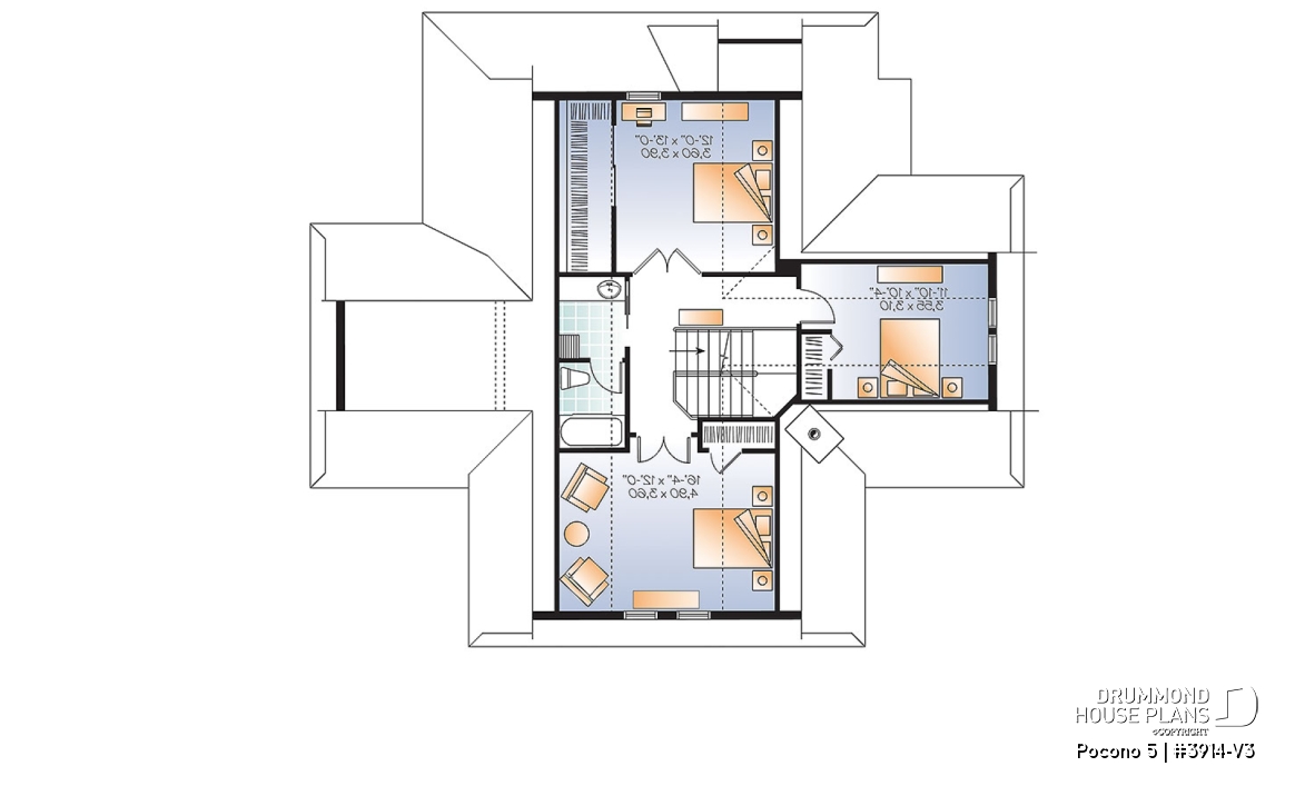 2nd level - A-Frame Rustic Country Cottage plan, 4 bedrooms, 3 bathrooms, screened-in porch, unfinished walkout basement - Pocono 5