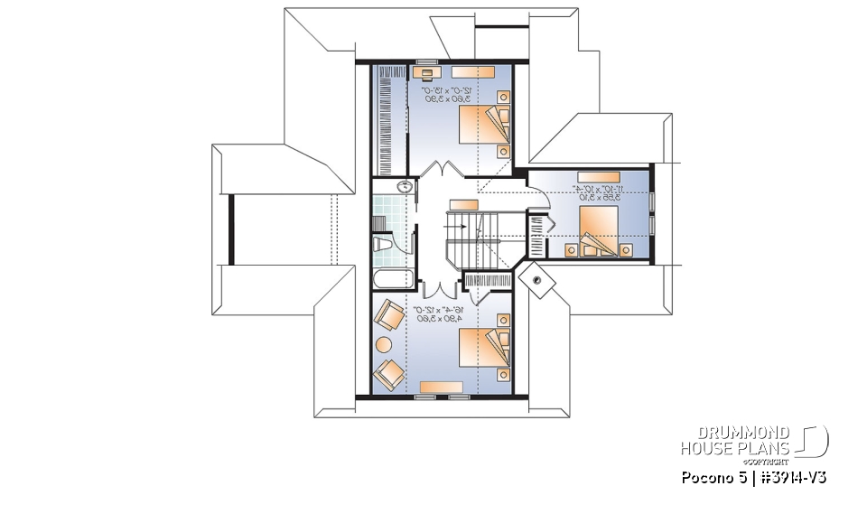 2nd level - A-Frame Rustic Country Cottage plan, 4 bedrooms, 3 bathrooms, screened-in porch, unfinished walkout basement - Pocono 5