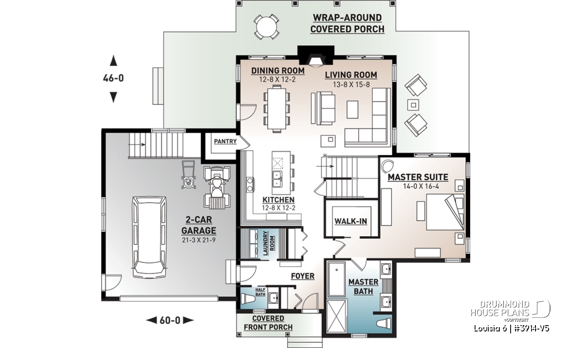 1st level - Beautiful panoramic view ranch style house plan, master suite on main floor, open floor plan, wraparound porch - Louisia 6