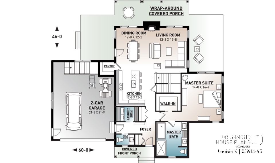 1st level - Beautiful panoramic view ranch style house plan, master suite on main floor, open floor plan, wraparound porch - Louisia 6