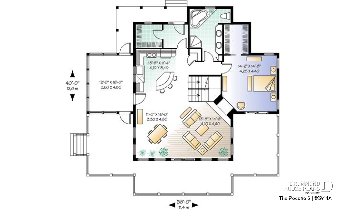 1st level - Open floor plan lakefront cottage house plan with large deck, master and living with fireplace - The Pocono 2