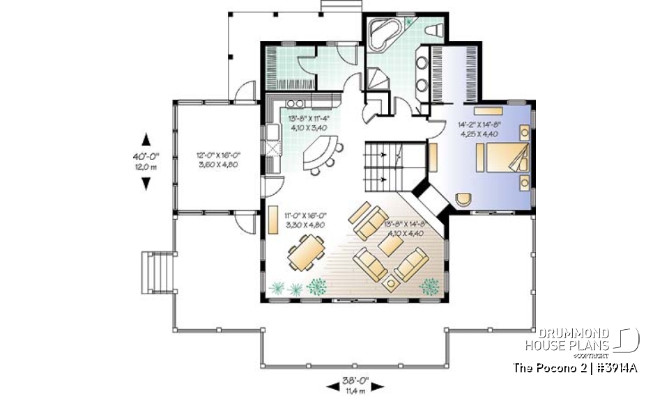 1st level - Open floor plan lakefront cottage house plan with large deck, master and living with fireplace - The Pocono 2