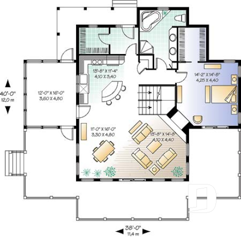 1st level - Open floor plan lakefront cottage house plan with large deck, master and living with fireplace - The Pocono 2